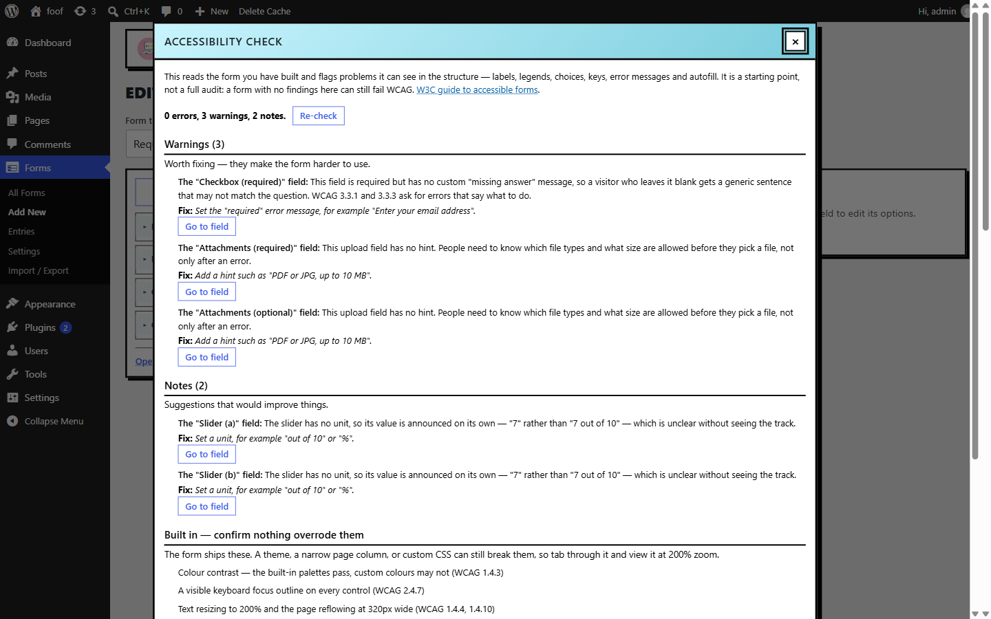The Accessibility check panel open, with an intro paragraph and a W3C link, a summary line of error, warning and note counts, a Re-check button, and Warnings and Notes groups where each finding has a plain description, an italic Fix line, and a Go to field button.