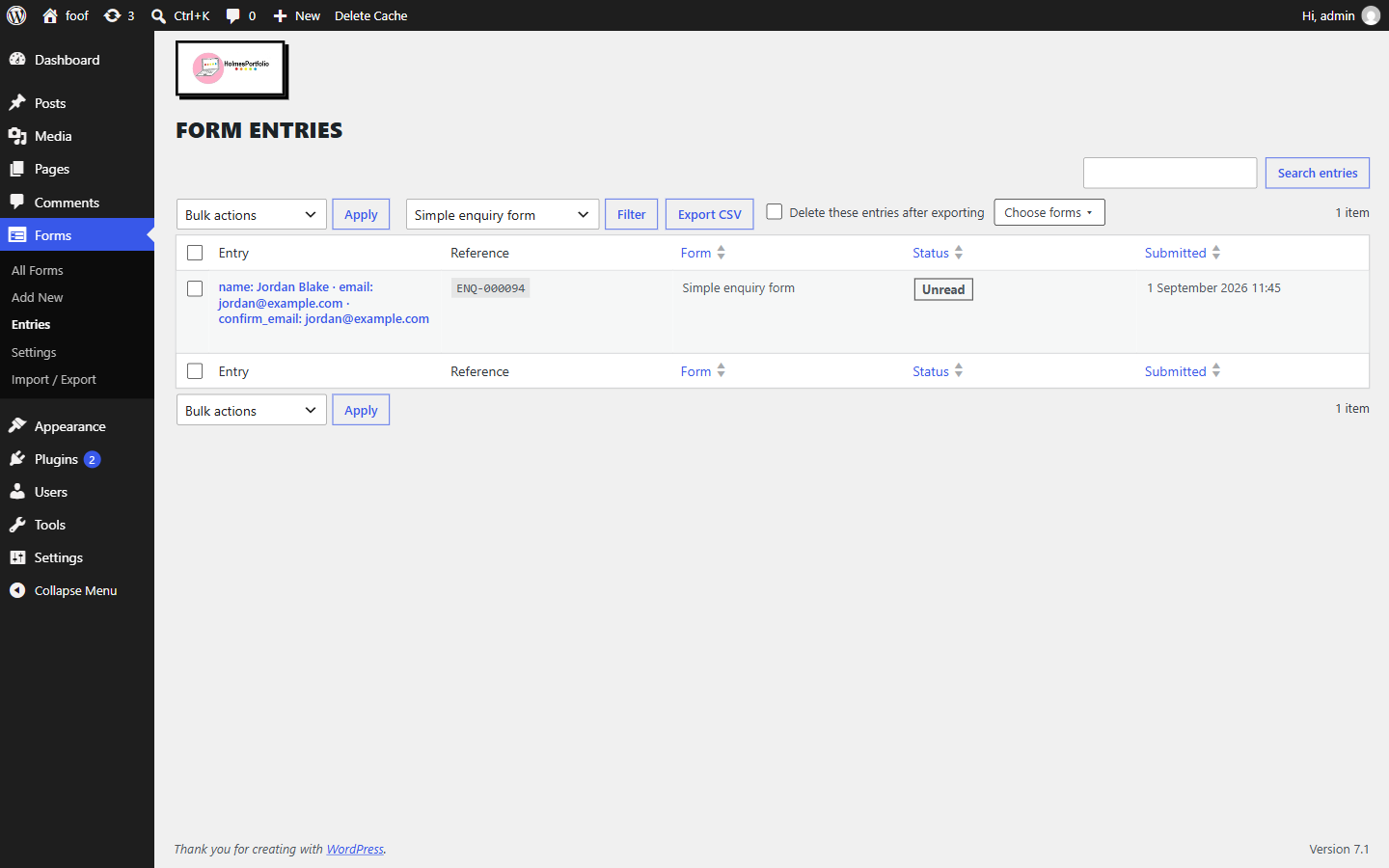 The Entries list with a form filter dropdown set to a form name, a Filter button, an Export CSV button, a Delete these entries after exporting checkbox, and one entry row showing a reference like ENQ-000013.