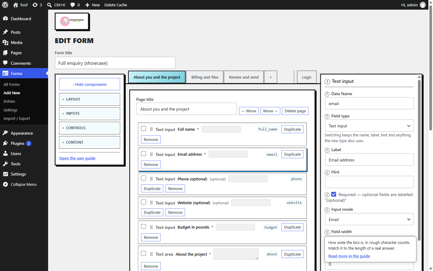 The options panel with a question-mark button beside the Field width label clicked open, showing a short explanation and a Read more in the guide link.